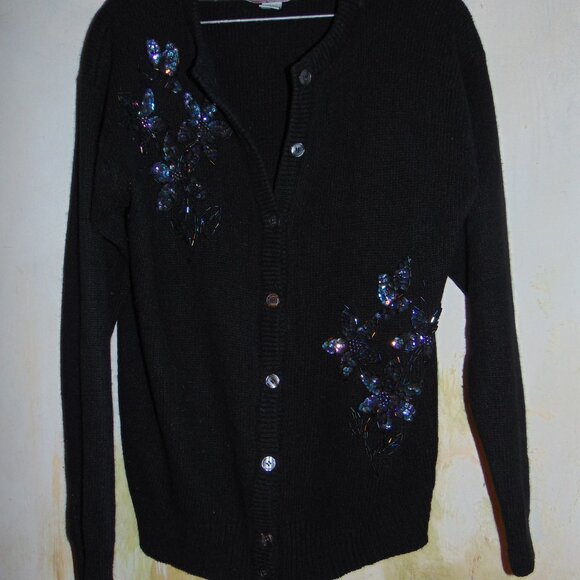 Vintage Amanda Smith Sweater Large Black Sequin Silk Angora Rabbit Cardigan L - Picture 7 of 9